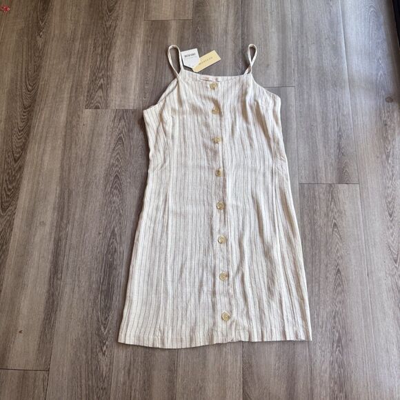 NWT Monteau Mini Dress Small Cream Pinstripe Button Linen Blend Preppy Cottage - Picture 4 of 9